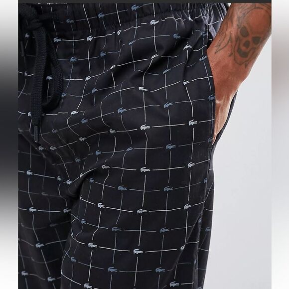 Lacoste XL Black Blue Cotton Croc Logo Print Drawstring Lounge PJ Pants - Picture 3 of 16